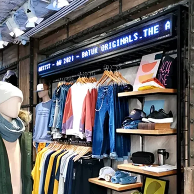 Ticker led extra largo Multiled para mensajes animados de branding y promociones en local de indumentaria