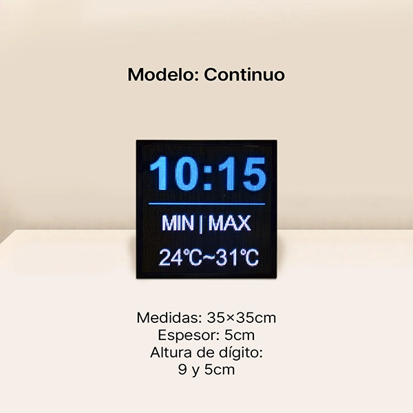 Reloj led digital, reproduce la hora actualizada de internet y alterna información meteorológica: temperaturas mínima y máxima