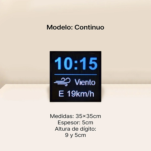 Reloj led digital, reproduce la hora actualizada de internet y alterna información meteorológica: velocidad del viento con logo