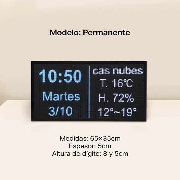 Reloj led digital, reproduce de manera constante la hora actualizada e información meteorológica: temperatura, humedad, viento de la ciudad elegida
