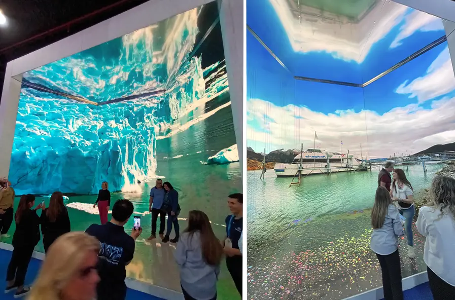 Stand inmersivo Multiled 3D con paredes y piso Led transitable imágenes de trekking por el Glaciar Perito Moreno FIT 2024